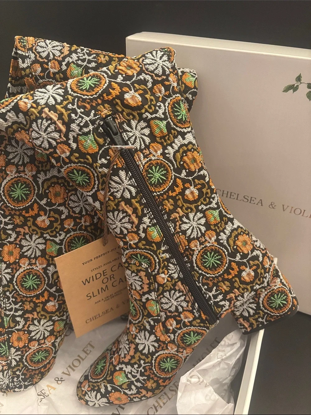 Chelsea & Violet Floral Brocade Over-the-Knee Boots in Black, Orange, Green. New